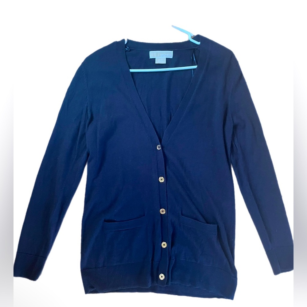 Michael Kors Button Down Cardigan Sweater Navy Medium Dark Academia Quiet Luxury